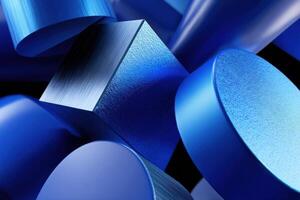 Abstract composition of various blue geometric shapes including cylinders, cubes, and cones, showcasing smooth textures and reflective surfaces in a dynamic arrangement photo