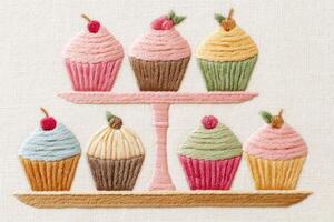 Colorful embroidered cupcakes arranged on a decorative stand, showcasing intricate stitching and delightful pastel colors, creating a charming and appetizing visual display photo