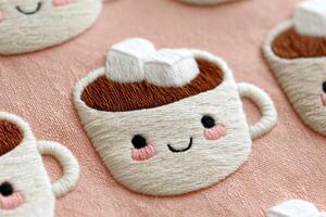 Cute embroidered illustration of smiling mugs with hot chocolate and marshmallows on a soft pink fabric background, showcasing delightful craftsmanship and playful design elements photo