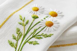 Embroidered white fabric featuring delicate daisies with yellow centers and green leaves, showcasing intricate craftsmanship and floral design elements in a soft, inviting texture photo