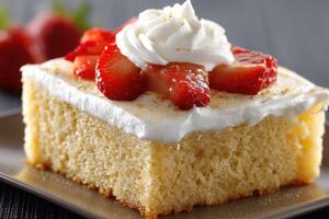 A close-up shot of a decadent Tres Leches Cake captures its rich texture and creamy topping photo