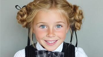 Happy girl in school uniform and hairstyle standing on light background and smiling photo