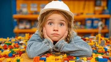 Girl in white construction helmet surrounded by building block and constructor photo