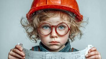 A smart looking boy in a helmet holds a construction drawing in his hands and studies the diagrams photo