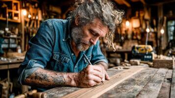 A man in a denim shirt with rolled up sleeves works in a workshop photo