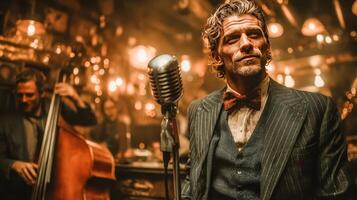 Jazz singer in a smoky bar, dressed in a stylish suit and bow tie, performs with a live band under dark lighting photo