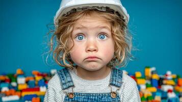 A child in a white construction helmet stands with a surprised look against the background of a construction set photo