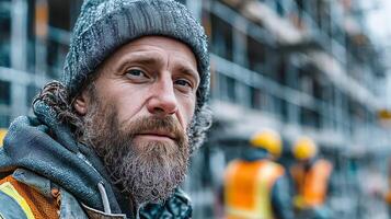 A man in a hat and beard stands in the middle of a construction site where builders are working and a building is being erected photo
