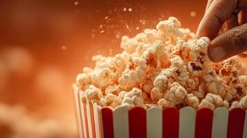 A hand reaches for a bright red and white striped box of popcorn, kernels slightly spilling over the edge photo