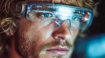 Man's face in virtual reality glasses in a futuristic future setting photo