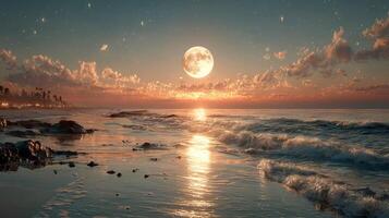 A full moon rises over a calm ocean, its reflection shimmering on the surface of the water as faint clouds float across the horizon photo
