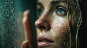 A woman gently touches the fogged glass door of a minimalist shower, water droplets running down the surface photo