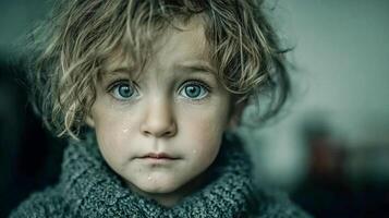 A boy with tears running down his face sits on the floor with a sad expression on his face and frightened eyes photo
