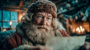 Santa Claus with glasses sits in his cozy house by the fireplace and reads a letter from a child photo