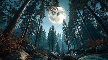 A bright yellow full moon shines in the night sky over an empty and quiet forest photo