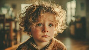 A boy with tears running down his face sits on the floor with a sad expression and an upset look photo