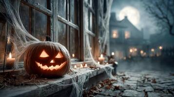 Halloween pumpkin with creepy face illuminated from inside standing on windowsill with spider web decor against full moon at night photo
