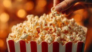 A man eats delicious popcorn from a paper box in a movie theater photo