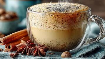 A clear double walled tea cup with visible spices and frothy milk sits on a textured fabric surface with cinnamon sticks nearby photo