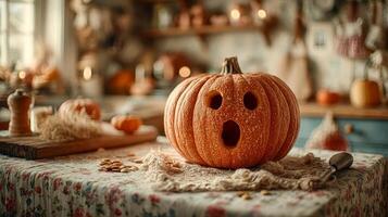 A whole pumpkin with a surprised expression stands on a Halloween table photo
