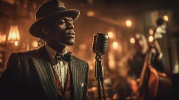 carismático negro jazz cantante en formal smoking y fedora en etapa con tenuemente iluminado jazz banda en antecedentes foto
