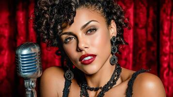 Beautiful jazz singer with red lipstick stands on stage with microphone and performs photo