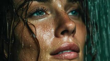 Close-up of woman with long wet hair standing under weak stream of water in modern glass shower cabin photo