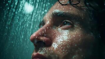 Wet man stands under running water in modern glass walled shower photo