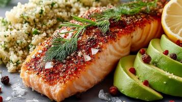 Steaming hot salmon fillet, top view, accompanied by quinoa salad and avocado slices photo