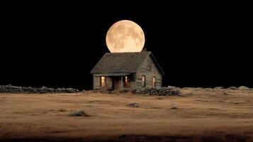 Full yellow moon in the sky behind the old hut at night, black sky photo