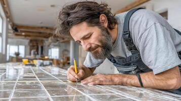 A man in work uniform carefully checks the alignment of tiles in a modern kitchen photo