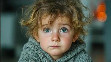 A small child with tears running down his face sits on the floor with a sad expression and an upset look photo