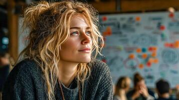 A female psychologist sits near a board with diagrams and notes, in the middle of a discussion during a group therapy session photo