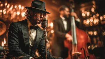 Charismatic jazz singer in formal tuxedo and fedora on stage with dimly lit jazz band in background photo