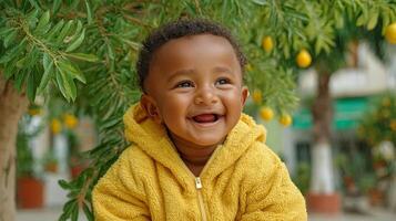 Laughing black child in bright yellow overalls sitting on parent's lap outdoors in park surrounded by greenery, joyful expression on face photo