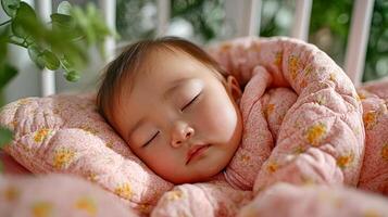 Sleeping asian baby wrapped in blanket lying on soft surface photo