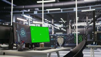 Server farm mockup computer used for visualizing artificial intelligence workloads and overseeing equipment. Isolated screen PC supporting machine learning systems, simulated computing tasks video