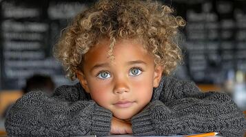 A black boy in a school uniform and blue eyes sits at a desk in a classroom and listens to a teacher photo