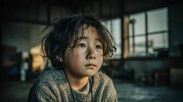 A small child with tears running down his face sits on the floor with a sad expression photo