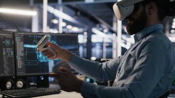 Data center developer using virtual reality technology to visualize artificial intelligence LLM neural networks. Server farm IT expert using VR headset equipment to oversee AI systems, camera A video