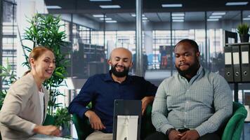 Corporate meeting where multicultural partners collaborate through call, applying strategic thinking and teamwork to align goals and support career and company success. Camera B. video
