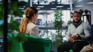 Multiethnic business team collaborating on company strategy, applying executive skills and foresight to achieve growth. Planning future investments through data analysis and research. Camera A. video