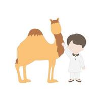 Boy stroking a camel, boy with camel, boy with qurban animals Illustrations design vector