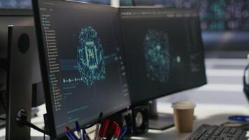 Data center PCs showing neural network visualization and code debugging tools running. Computer systems in server farm powering machine learning and automated research tasks video