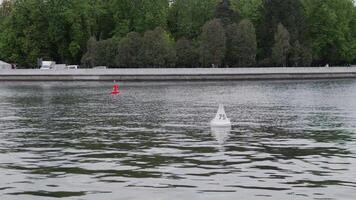 A serene and calm water surface displaying navigation buoys amidst the lush greenery of the natural environment video