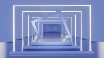 Blue metal podium with background hall and thin border on top. The perfect platform to showcase your products. 3D animation looping background video