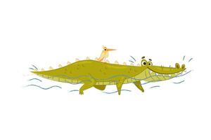 Cute Crocodile Character with Bird on Its Back Floating in Water Illustration vector