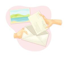 Hands making gift card. Top view of creative work process, hobby and craft concept illustration vector
