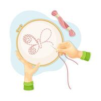 Hands embroidering butterfly on canvas. Top view of creative work process, hobby and craft concept illustration vector