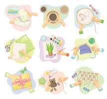 Hands creating handmade crafts set. Top view of creative work process, hobby and craft concept illustration vector